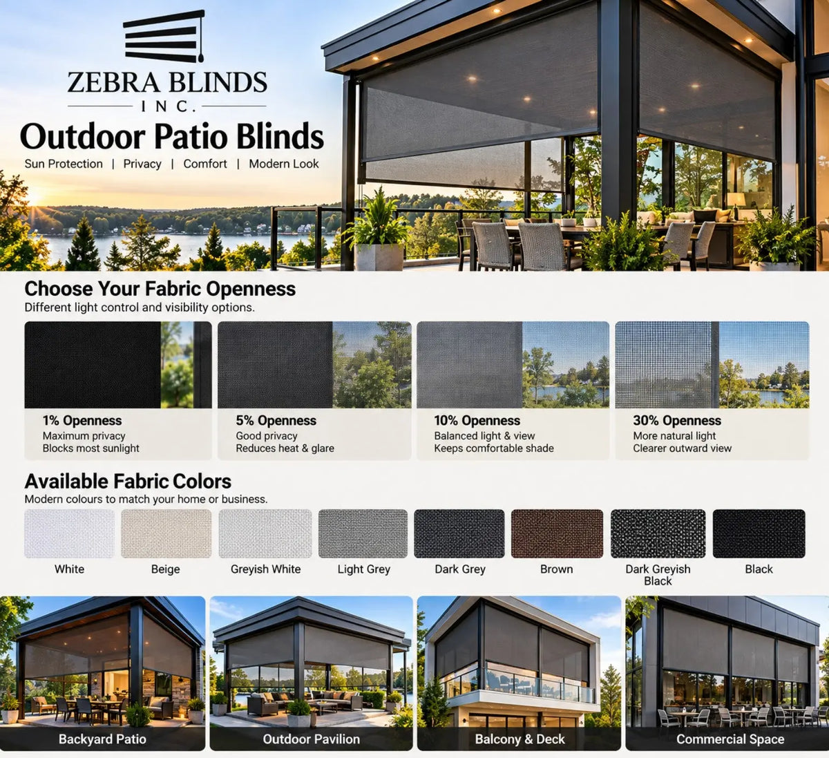 Zebra Blinds Inc Outdoor Patio Blinds with fabric openness and colour options